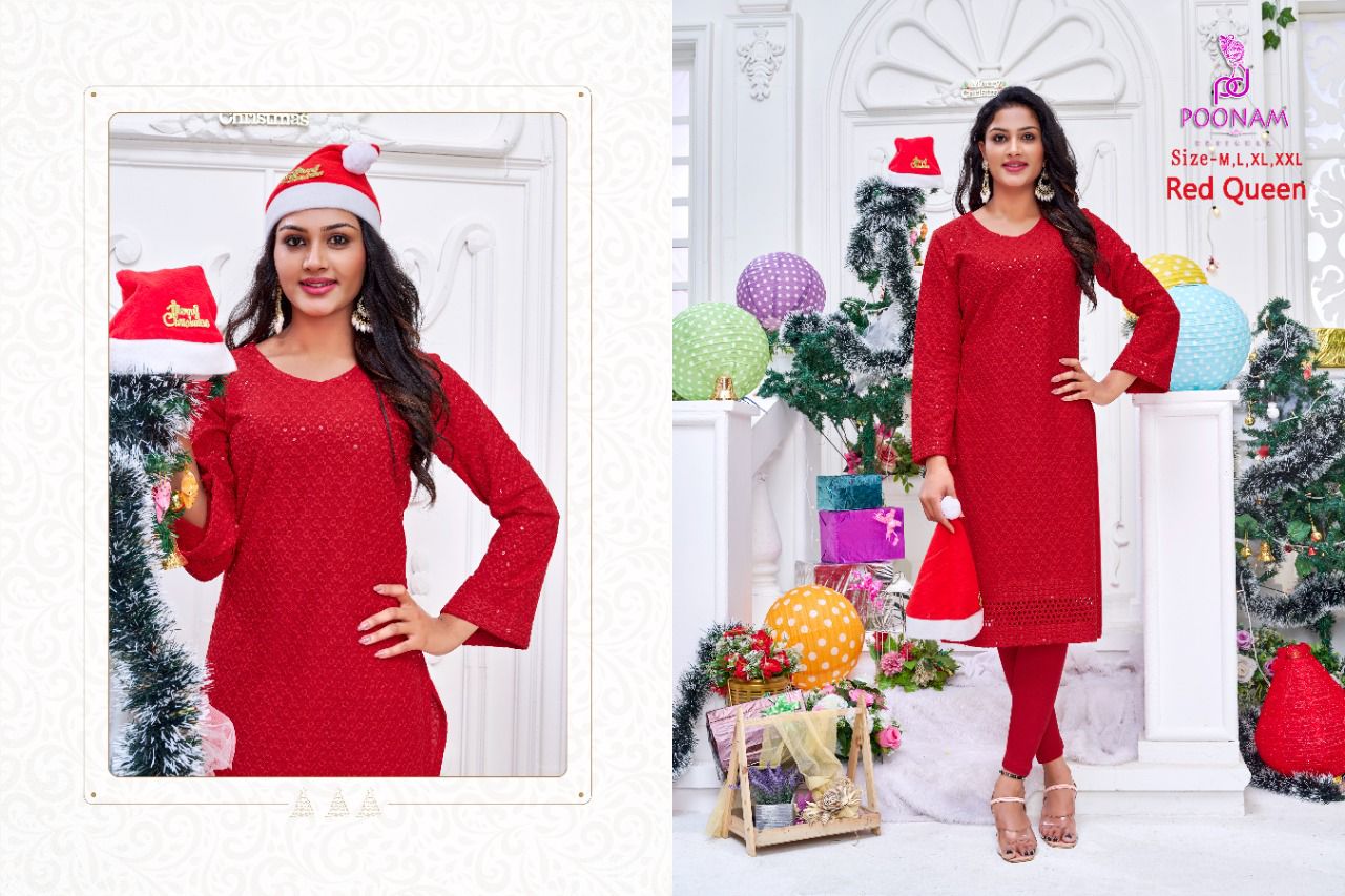 Poonam Red Queen Festive Wear Wholesale Designer Kurtis Catalog
